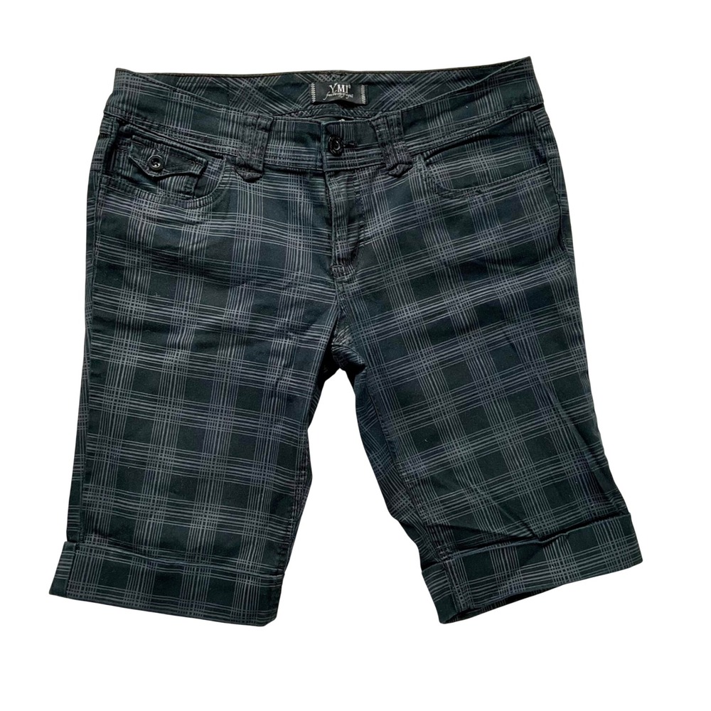 VTG Y2K YMI Plaid Long Bermuda Shorts Cuffed  Stretch Sz 13 Mall Goth Grunge Blk